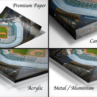 four different views of a baseball stadium, each with a different perspective and angle. The text labels the images as "Premium Paper", "Canvas Wrap", "Acrylic", and "Metal/Aluminum".