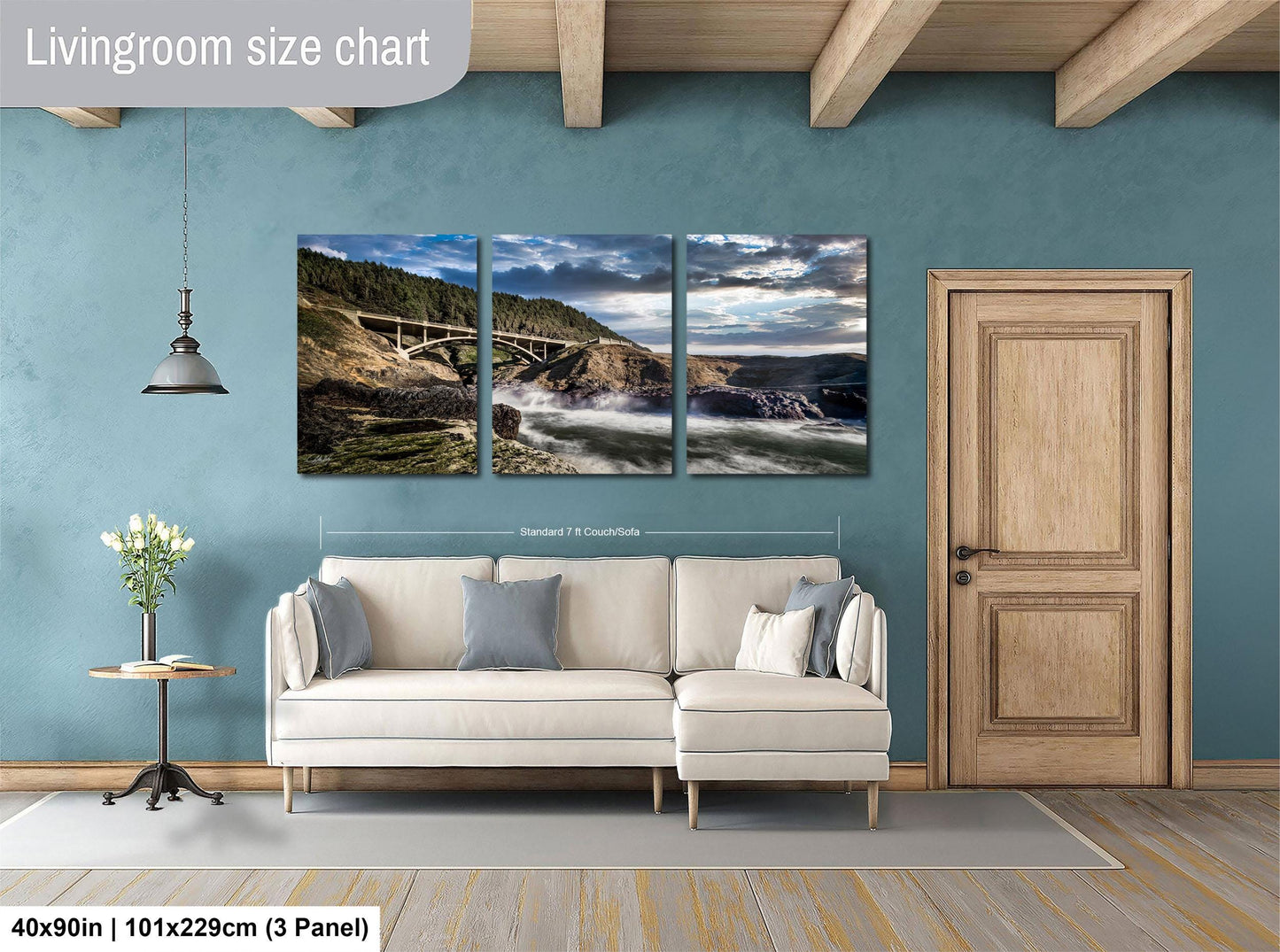 a living room with blue walls and a white couch