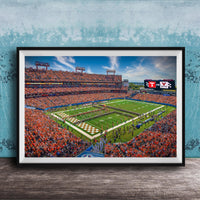 A framed photograph of a crowded football stadium during a game, with the field and stands filled with spectators.