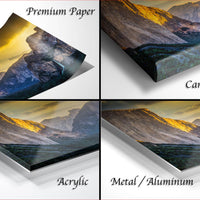 The image is a collage of four different images, each depicting a mountainous landscape. The images are labeled as "Premium Paper", "Canvas Wrap", "Acrylic", and "Metal/Aluminum".