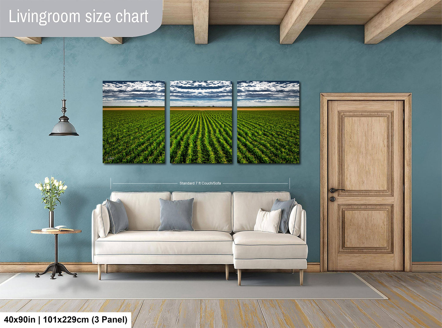 The image is a living room with a large wall art depicting a field of crops. The wall art is divided into three panels, each showing a different perspective of the field. The living room has a white sofa and a wooden door, and the floor is covered with a gray rug.