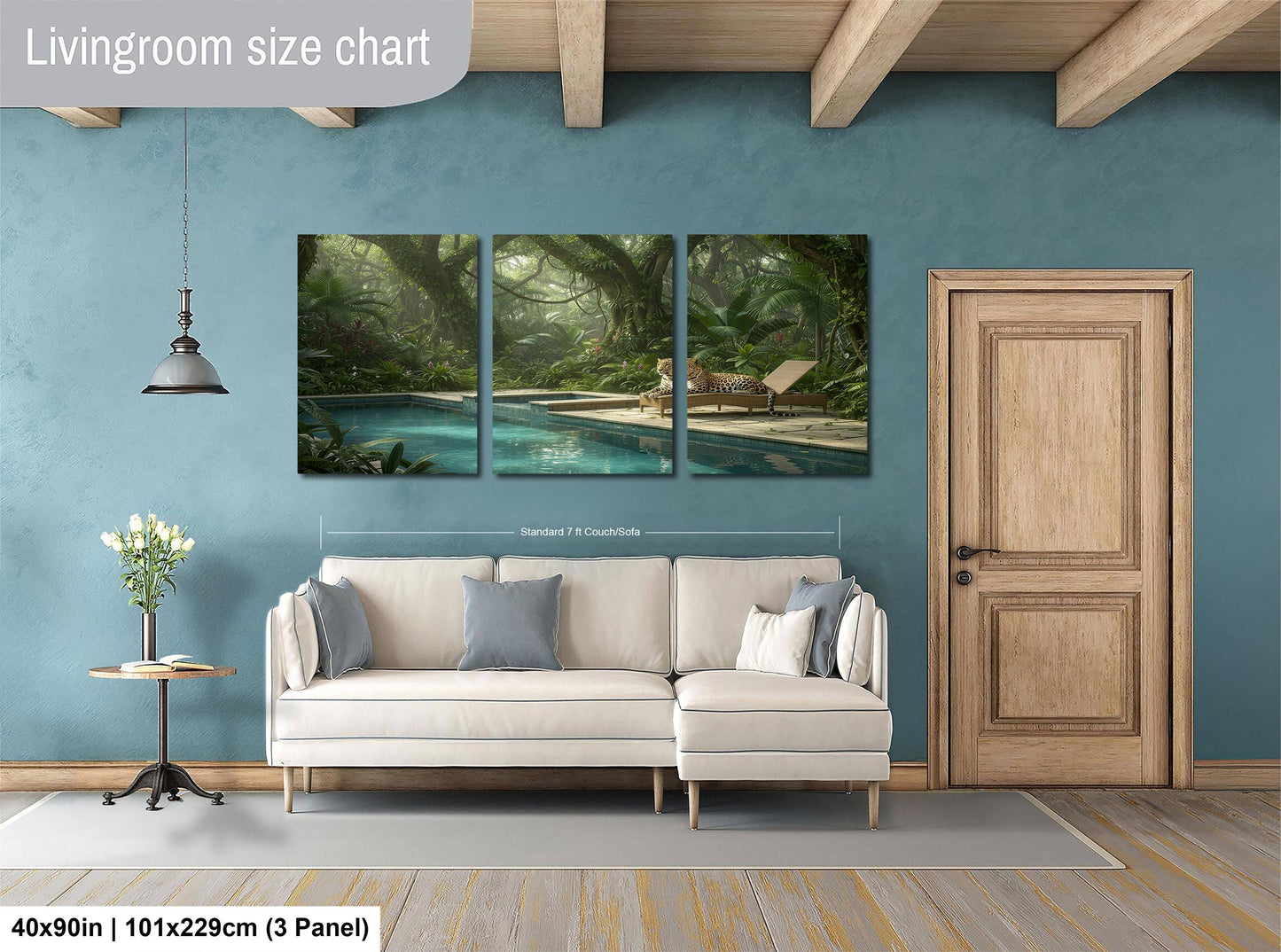 The image is a living room with a large painting of a jungle scene above a white sofa. The painting is divided into three panels, depicting a pool surrounded by lush greenery. The room has a wooden door and a small table with a vase of flowers. The wall is painted in a light blue color, and the floor is covered with a gray rug. The image is approximately 40 inches wide and 101.29 cm tall, with a 3-panel layout.