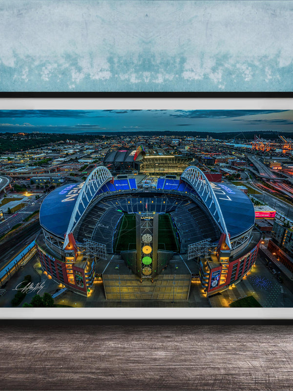 The image is a framed photograph of a large stadium at night, with the stadium's lights illuminating the surrounding cityscape.