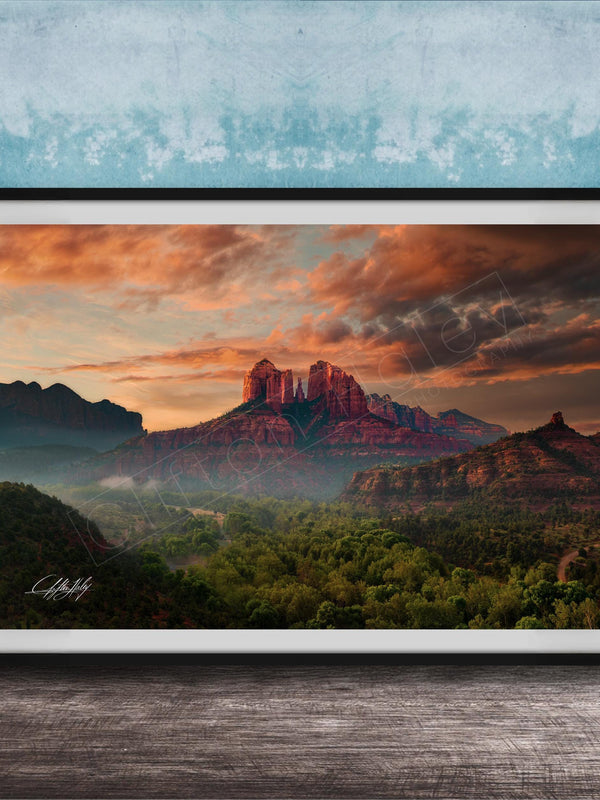 cathedral rock sedona, sedona sunrise photography, lovers knoll sedona, red rock landscape art, sedona fine art print, arizona wall decor, southwest photography, spiritual landscape art, nature wall art, sedona vortex photo, luxury fine art print, desert sunrise art, collectible landscape photo