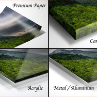 The image is a collage of four different types of print materials, including premium paper, canvas wrap, acrylic, and metal/aluminum.