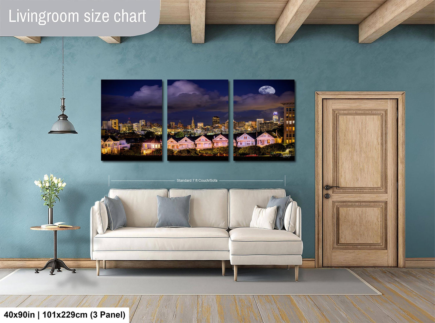 a living room with blue walls and a white couch