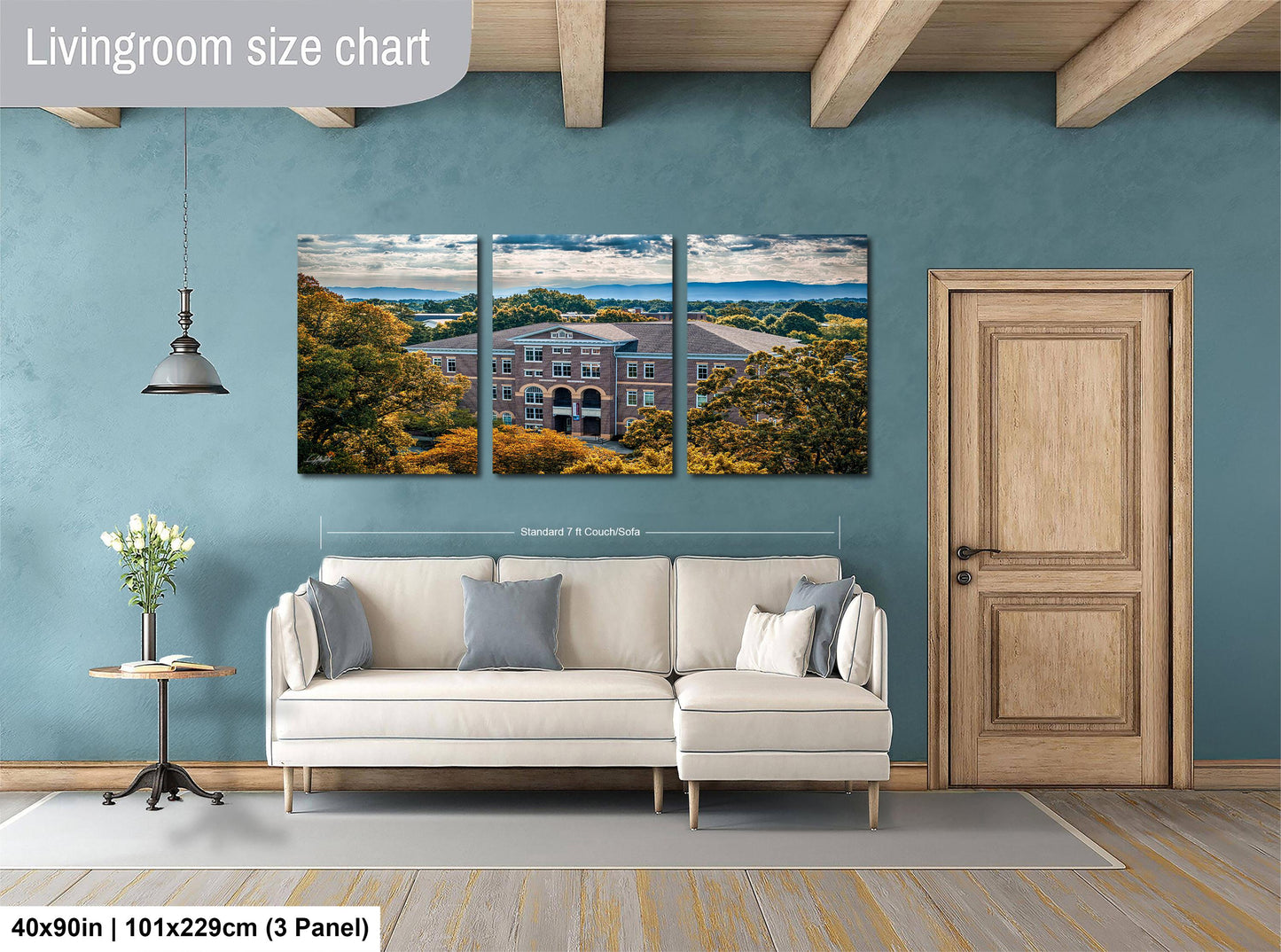 The image is a living room with a large, three-panel living room size chart on the wall. The chart displays the dimensions of the living room in feet and inches, with the largest panel indicating a size of 40'x50'', followed by a size of 101'x129'', and the smallest panel measuring 3'x3'', with a total of 3' panel.