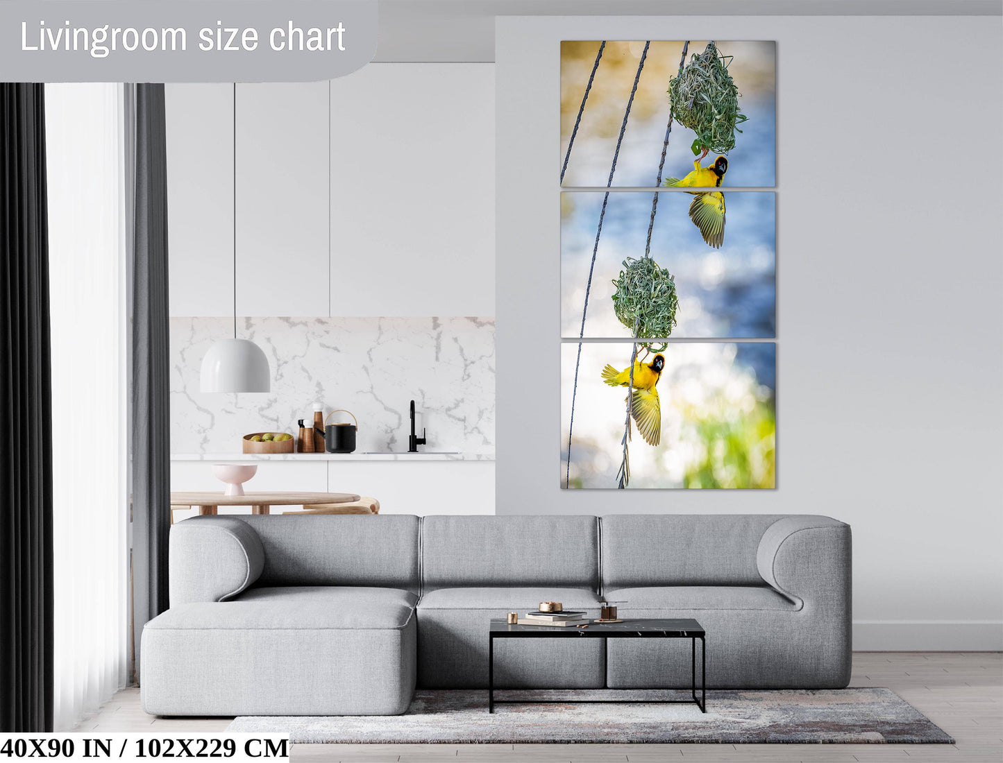 The image is a living room with a gray sofa, a coffee table, and a large painting of birds hanging from a wire. The painting is a triptych, with two panels depicting birds and one panel showing the wire. The living room has a modern and minimalist design, with white walls and a gray sofa.
