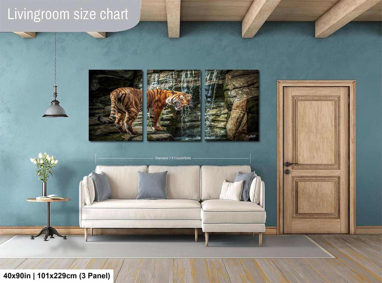 Tiger Wall Art Print - Sumatran Jungle Scene With Orange Striped Tiger & Waterfall