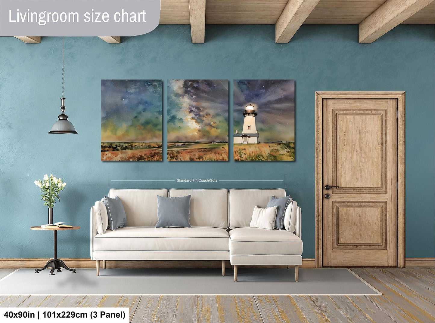 a living room with a white sofa, a wooden door, and a painting of a lighthouse on the wall. The painting is divided into three panels, and the living room appears to be spacious and well-lit.