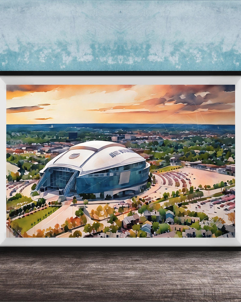 The image is a framed painting depicting a large stadium with a curved roof, set against a backdrop of a city skyline and a colorful sunset sky.