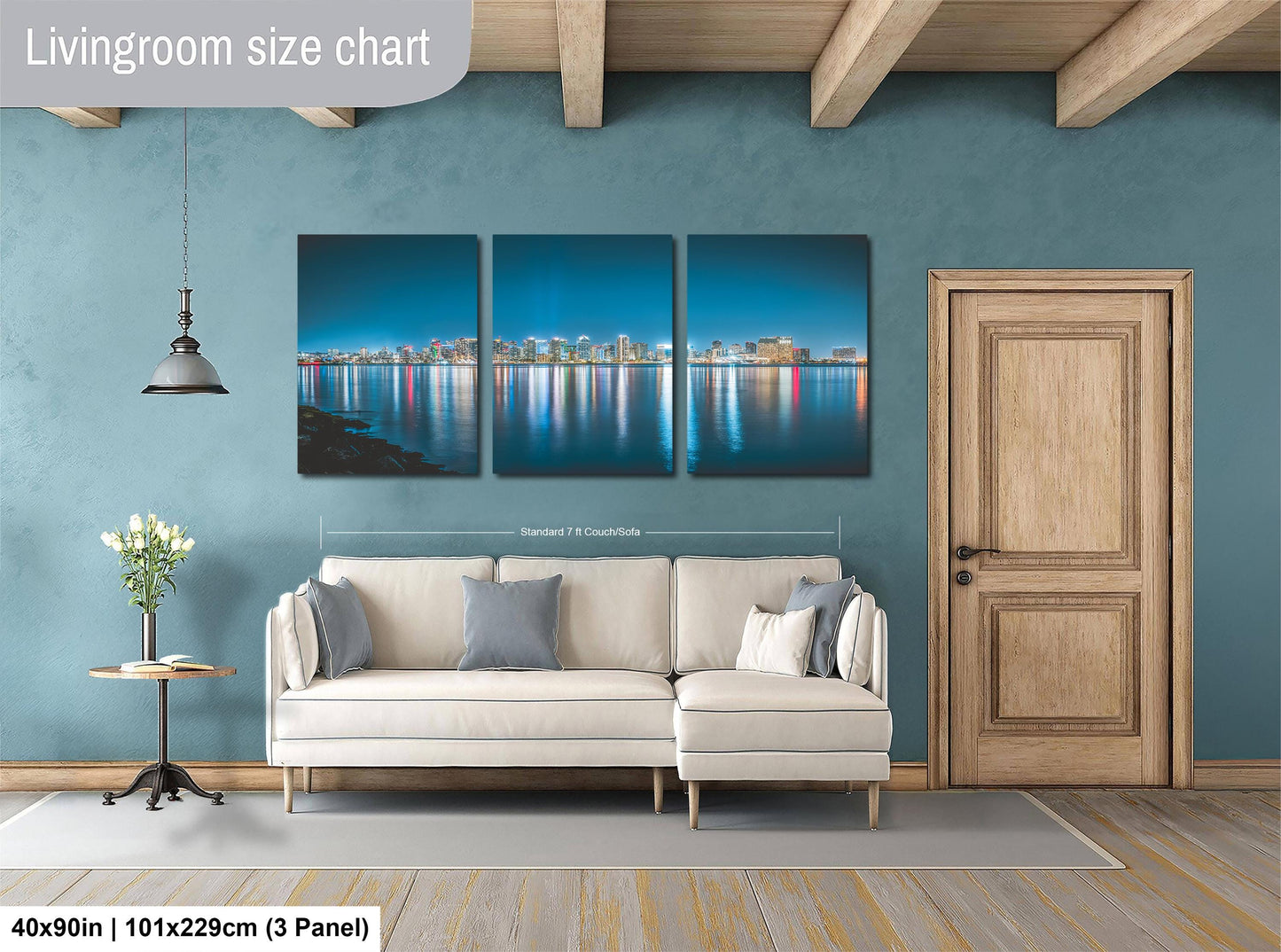 a living room with blue walls and a white couch