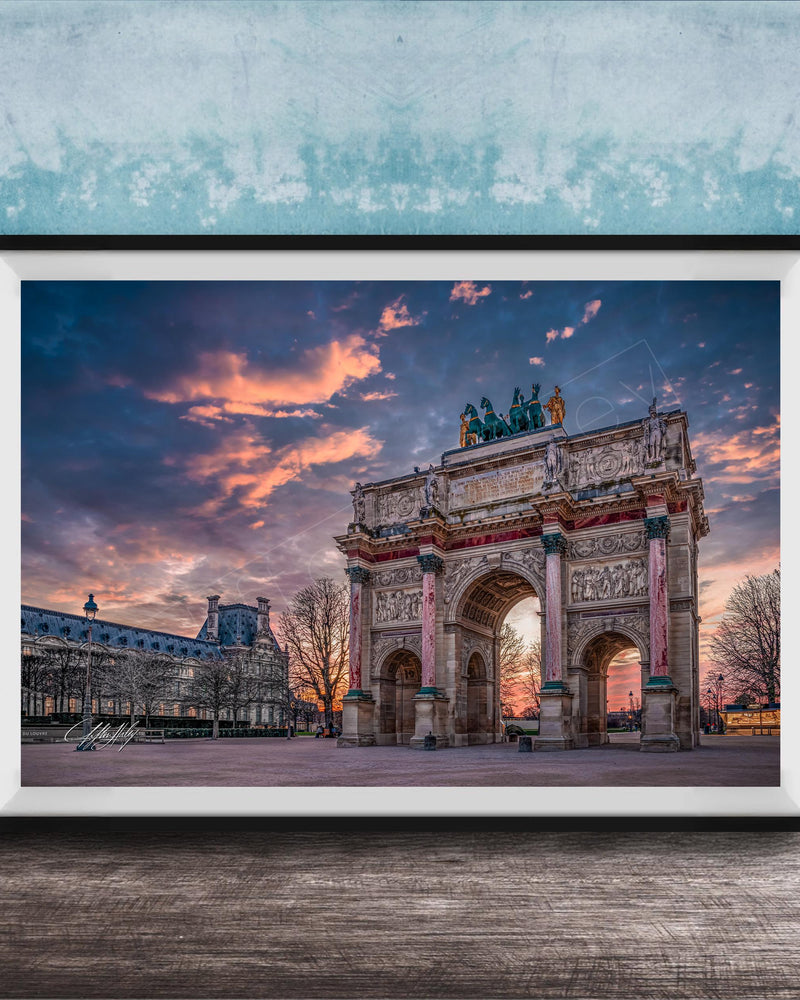 a large, ornate archway with intricate carvings and statues, set against a vibrant sky with colorful clouds.