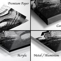 The image is a collage of four different views of a bridge, each with a different finish: "Premium Paper", "Canvas Wrap", "Acrylic", and "Metal/Aluminum".