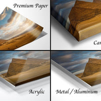 The image is a collage of four different images, each depicting a landscape with mountains, including a desert and a cloudy sky. The images are labeled as "Premium Paper", "Canvas Wrap", "Acrylic", and "Metal/Aluminum".