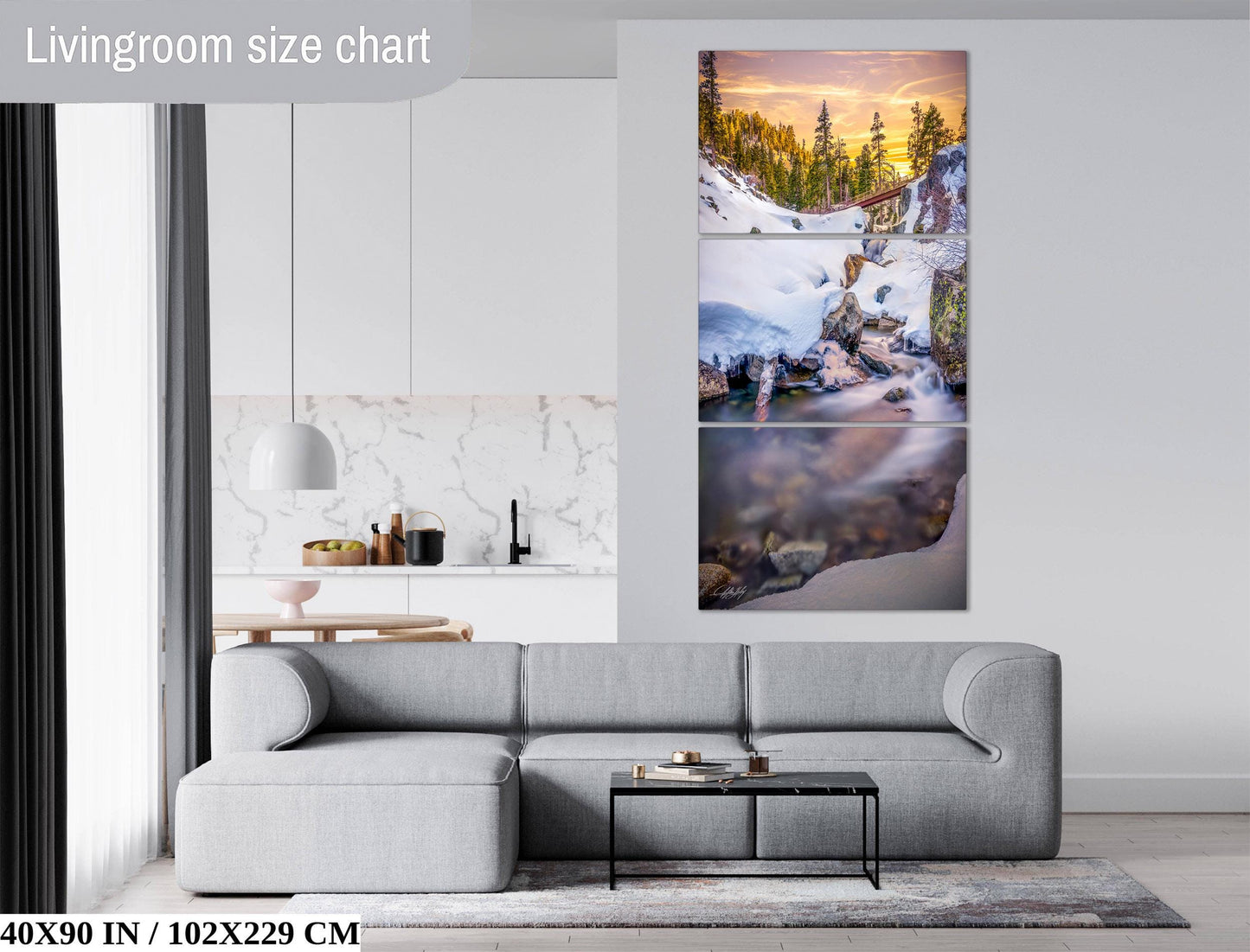 The image is a living room with a gray sofa and a coffee table. There is a large painting of a snowy mountain landscape hanging on the wall above the sofa.