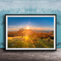 The image is a framed photograph depicting a scenic landscape with a sunset over a field of trees.