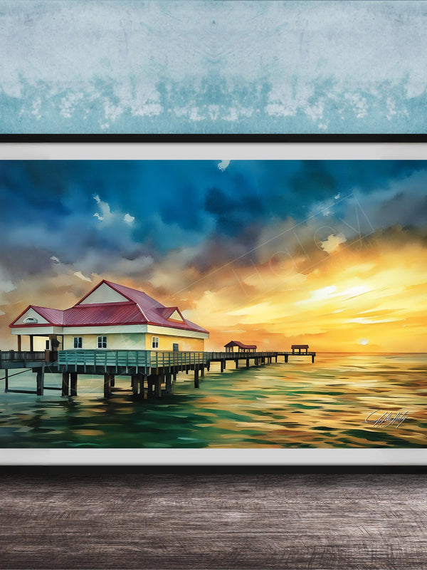 A framed painting depicting a serene scene of a wooden pier extending into a calm body of water, with a building and a sunset in the background.