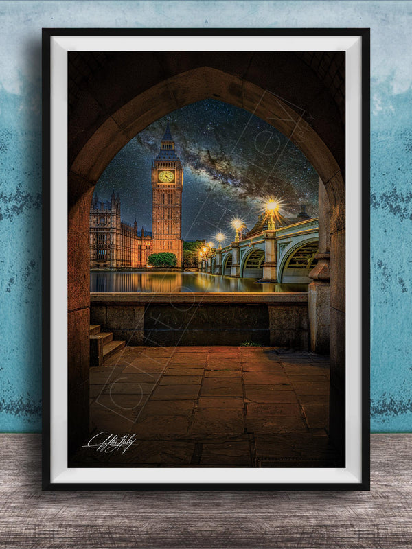 a picturesque night scene of the Palace of Westminster and the River Thames in London, England, with the iconic Big Ben clock tower standing tall against the starry sky.