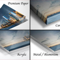 The image is a collage of four different views of a city skyline, each with a different material or finish, including acrylic, metal, and aluminum.
