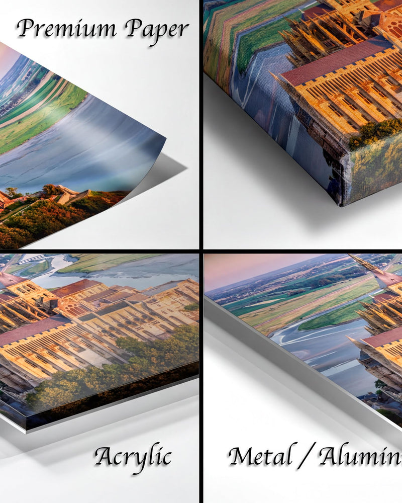 The image is a collage of four different images, each depicting a castle or cathedral. The images are labeled as "Premium Paper", "Canvas Wrap", "Acrylic", and "Metal/Aluminum".