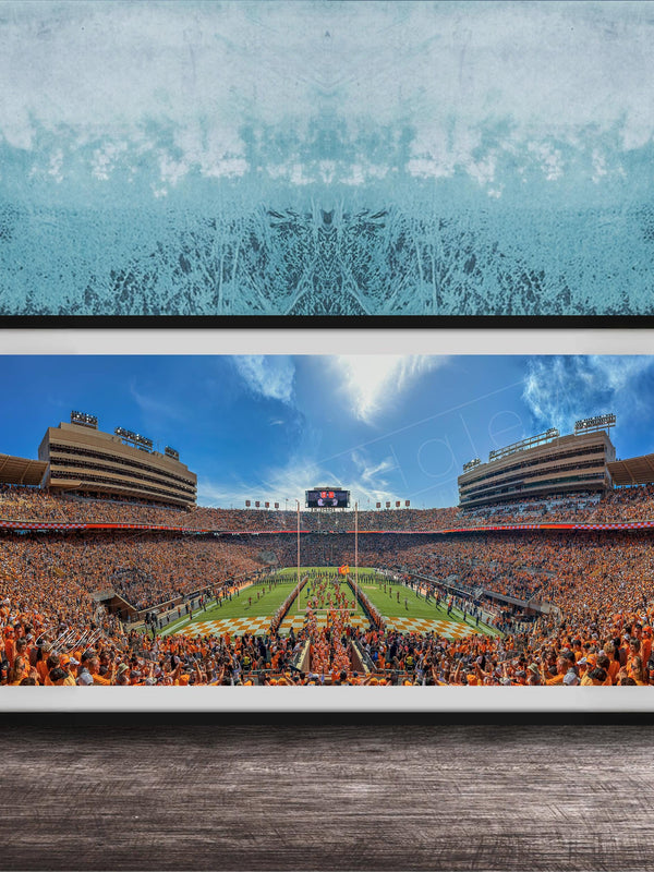 A framed photograph of a crowded football stadium with a large field and a scoreboard, set against a blue wall with a textured pattern.