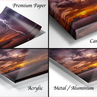 four different views of a sunset landscape, each with a different material or finish, including acrylic, metal, and aluminum.