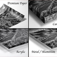 four different views of a stadium, including a close-up of the field, a large crowd, and a view of the stadium from the stands. The images are labeled as "Premium Paper", "Canvas Wrap", "Acrylic", and "Metal/Aluminum".