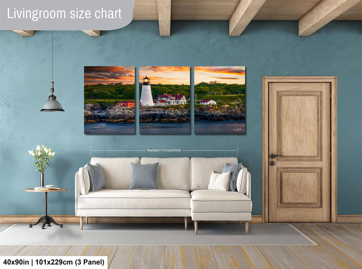 The image is a living room with a large, three-panel living room size chart on the wall. The chart displays the dimensions of the living room in feet and inches, with the largest panel measuring 40'x50'', the medium panel measuring 101'x129'', and the smallest panel measuring 103'x129''. The living room also includes a white sofa, a wooden door, and a small table with a vase of flowers.