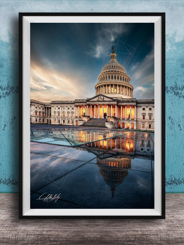 the United States Capitol building in Washington, D.C., with its iconic dome and columns illuminated against a dramatic sky.