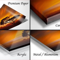 The image is a collage of four different images, each depicting a sunset scene. The images are labeled as "Premium Paper", "Canvas Wrap", "Acrylic", and "Metal/Aluminum".