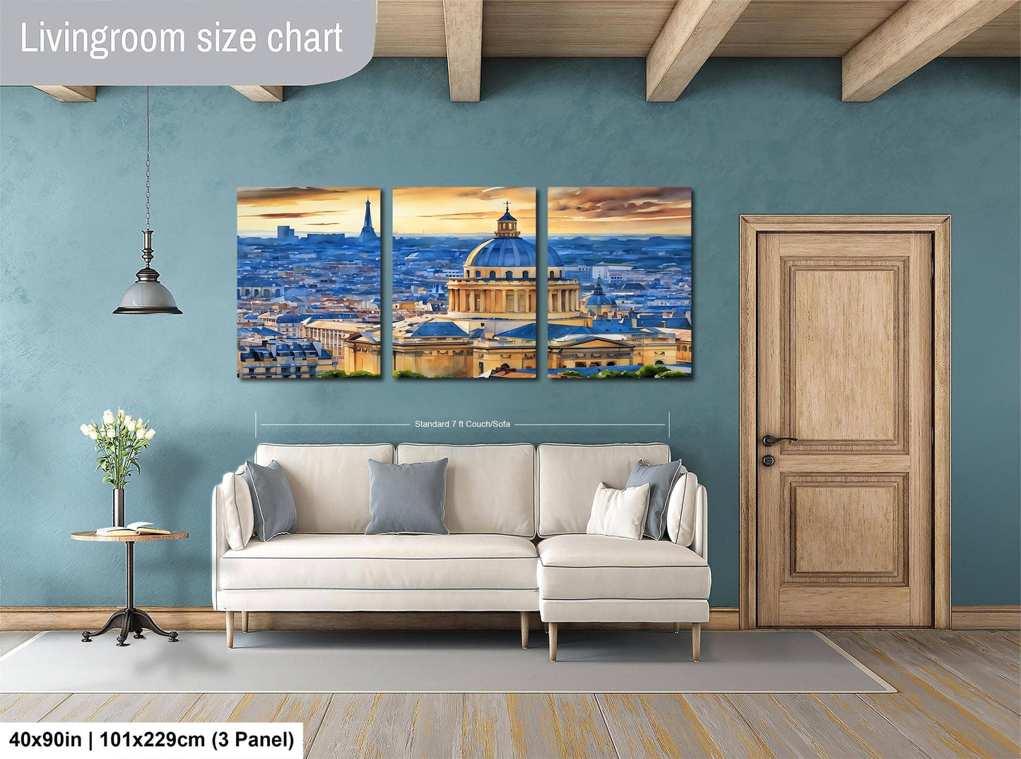 The image is a living room with a large, three-panel living room size chart on the wall. The chart displays the dimensions of the living room in feet and inches, with the largest panel being 40'x50'', the medium panel being 101'x129'', and the smallest panel being 3'x3'', indicating the room's size.