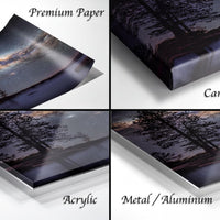 The image is a collage of four different views of a landscape photograph, including a close-up of the canvas wrap, a close-up of the acrylic, a close-up of the metal/aluminum, and a close-up of the premium paper.
