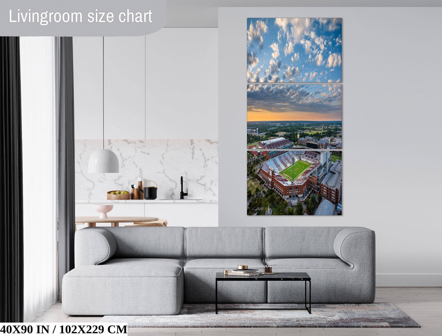 The image is a living room with a gray sofa, a coffee table, and a large wall art depicting a stadium. The wall art is a three-panel collage of a stadium and its surrounding landscape.