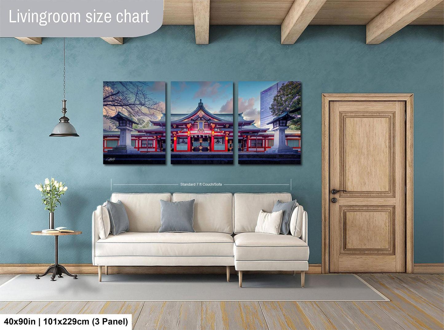 The image is a living room with a large, three-panel living room size chart hanging on the wall. The chart displays the dimensions of the living room in feet and inches, with the largest panel being 40'x50'', the medium panel being 101'x129'', and the smallest panel being 103'x229''.