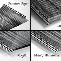 The image is a collage of four different materials: premium paper, canvas wrap, acrylic, and metal/aluminum.
