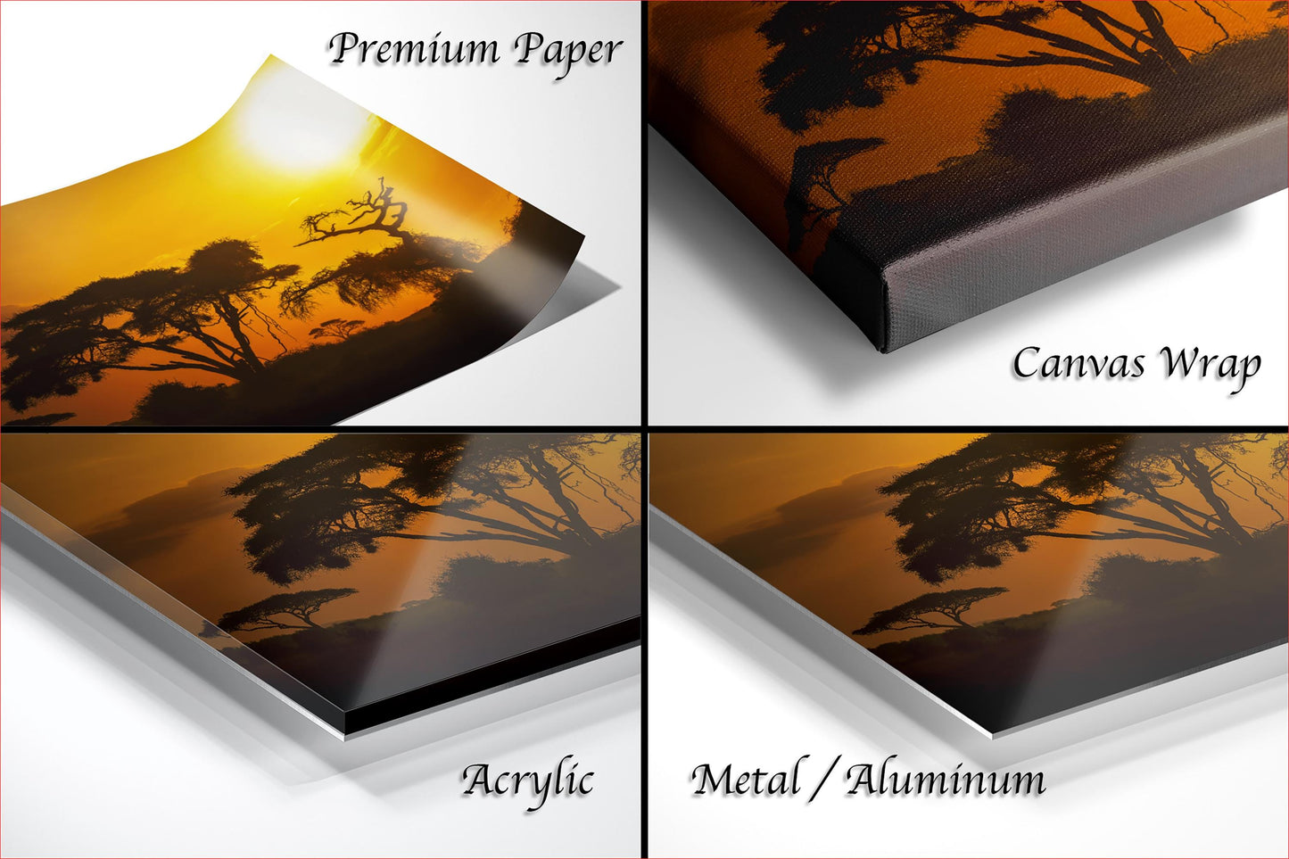 The image is a collage of four different images, each depicting a landscape with trees and a sunset. The images are labeled as "Premium Paper", "Canvas Wrap", "Acrylic", and "Metal/Aluminum".