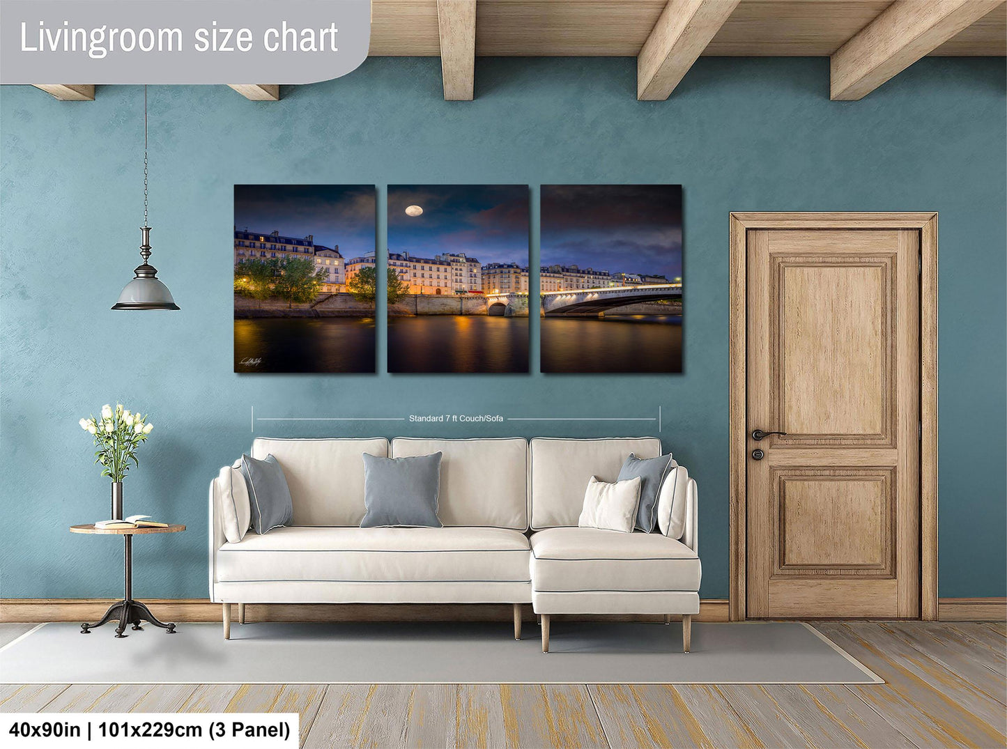 The image is a living room with a large, three-panel living room size chart on the wall. The chart displays the dimensions of the living room in feet and inches, with the largest panel indicating a size of 40'x50'', followed by a size of 101'x129'', and the smallest panel measuring 3'x3'', with a total of 3' panel.