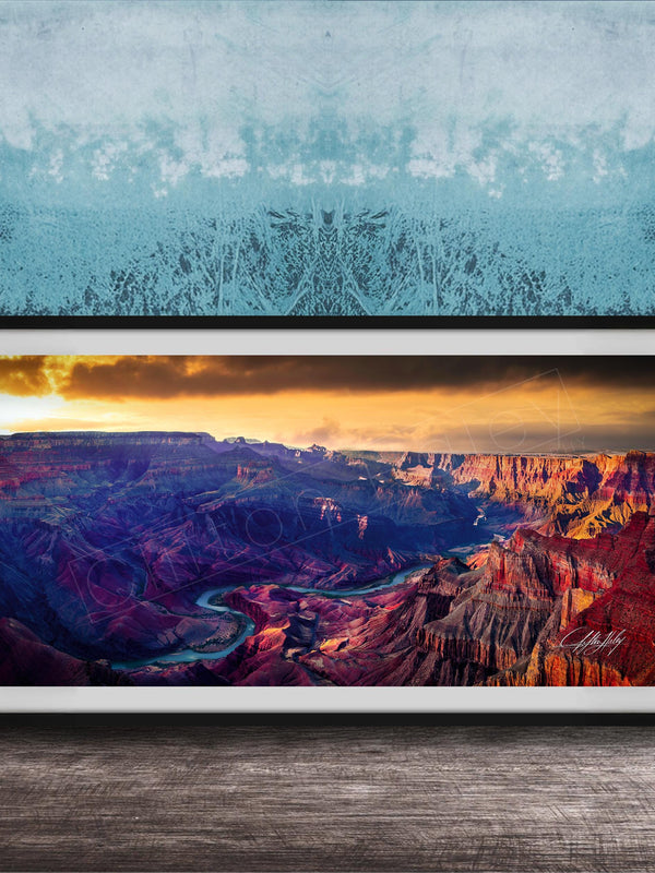 The image is a framed photograph of the Grand Canyon, showcasing the stunning natural landscape with a vibrant sunset over the canyon.