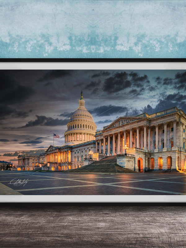 the United States Capitol building in Washington D.C., with its iconic dome and columns illuminated against a dramatic sky.