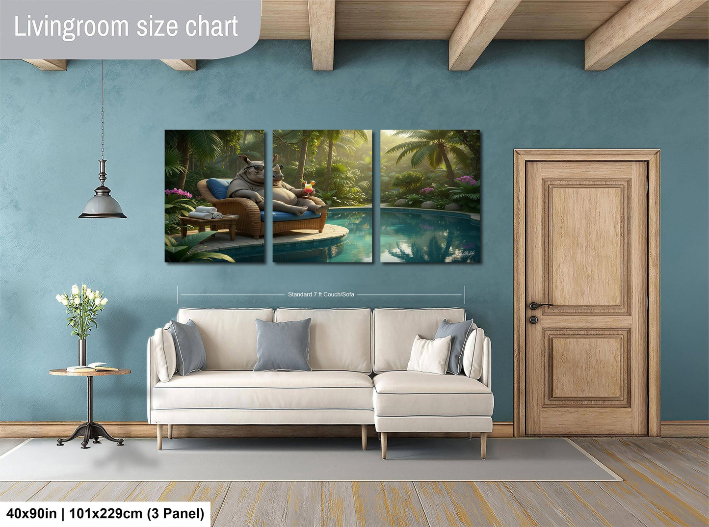 The image is a living room with a large painting of a serene tropical scene hanging on the wall. The painting depicts a pool surrounded by lush greenery, palm trees, and a person relaxing in a lounge chair. The room is furnished with a white sofa and a wooden door, creating a cozy and inviting atmosphere.