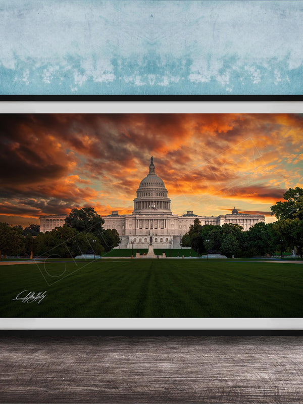 the United States Capitol building in Washington D.C. at sunset, with the Capitol's dome and surrounding architecture silhouetted against a vibrant sky filled with orange and red clouds.