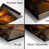 The image is a collage of four different materials used for printing, including premium paper, canvas wrap, acrylic, and metal/aluminum.