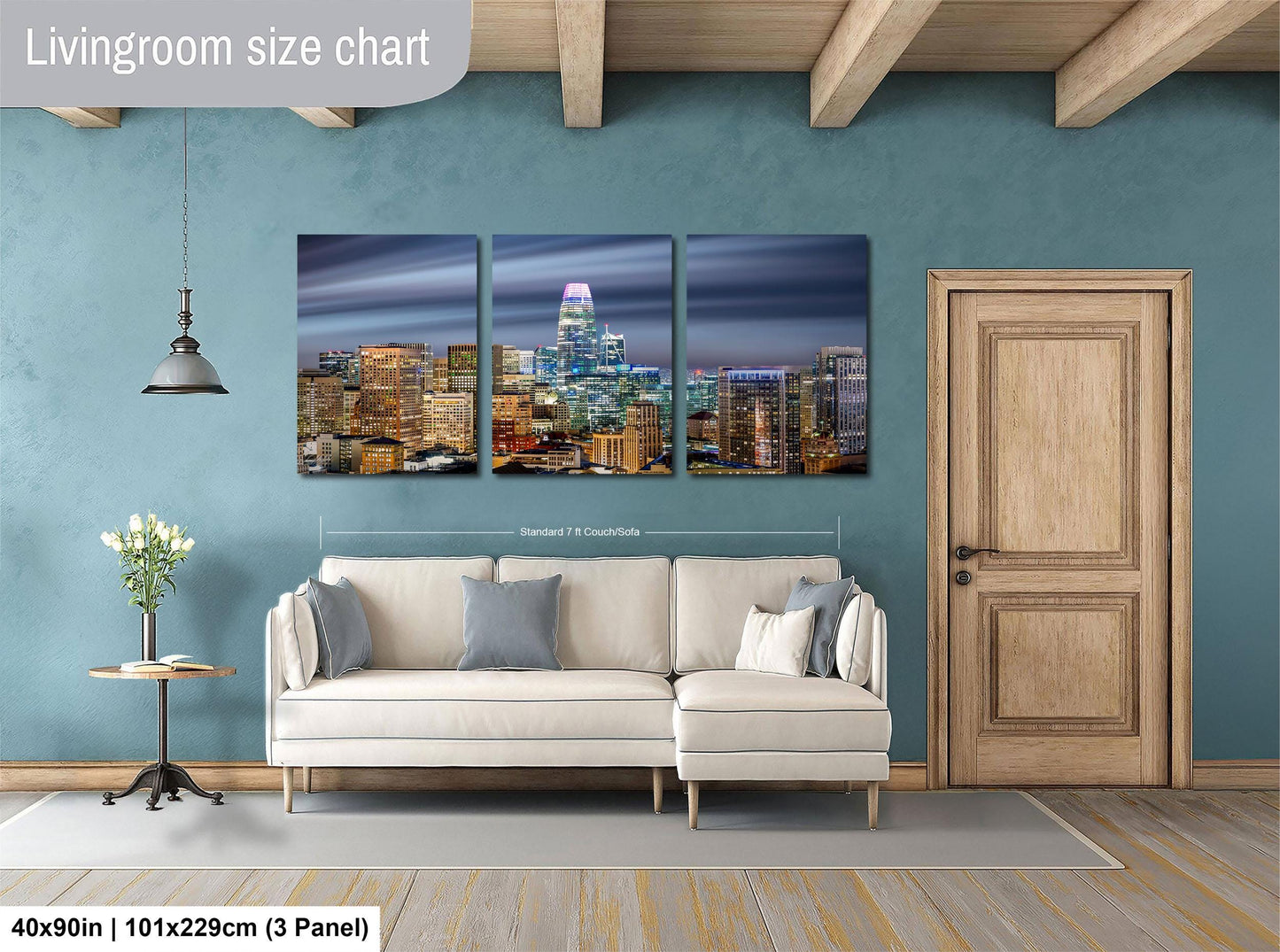 The image is a living room with a large, three-panel living room size chart on the wall. The chart displays the dimensions of the living room in feet and inches, with the largest panel being 40'x50'', the medium panel being 101'x129'', and the smallest panel being 103'x229''.