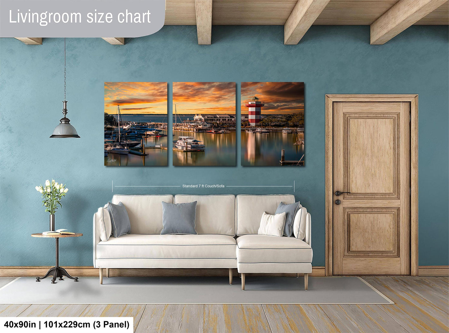 The image is a living room with a large, three-panel living room size chart on the wall. The chart displays the dimensions of the living room in feet and inches, with the largest panel being 40'x50'', the medium panel being 101'x129'', and the smallest panel being 3'x3'', indicating the available space in the room.