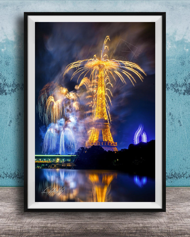 Paris Fireworks Print - Eiffel Tower Art With Bastille Day Celebration Fireworks Night