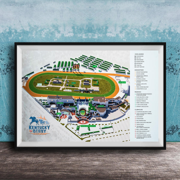 The image is a framed map of Kentucky Derby, a horse racing event, with various locations and facilities labeled.
