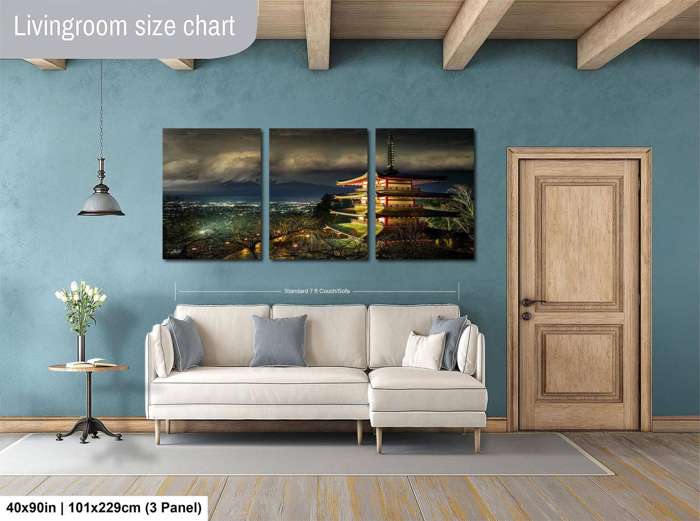 The image is a living room with a large, three-panel living room size chart on the wall. The chart displays the dimensions of the living room in feet and inches, with the largest panel being 40'x50'', the medium panel being 101'x129'', and the smallest panel being 3'x3'', indicating the room's size.