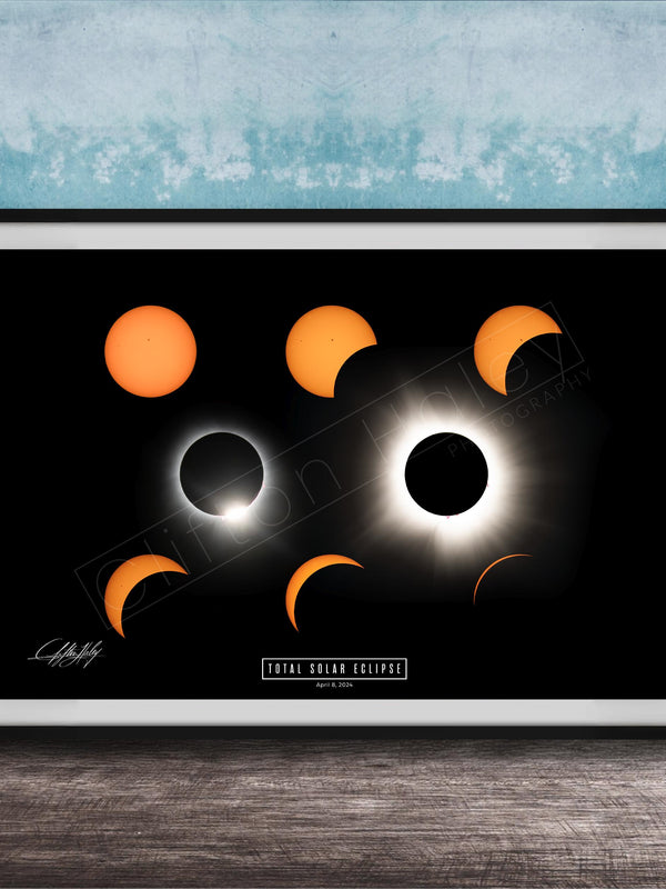 The image is a framed poster depicting the total solar eclipse, showing the moon, sun, and various stages of the eclipse.