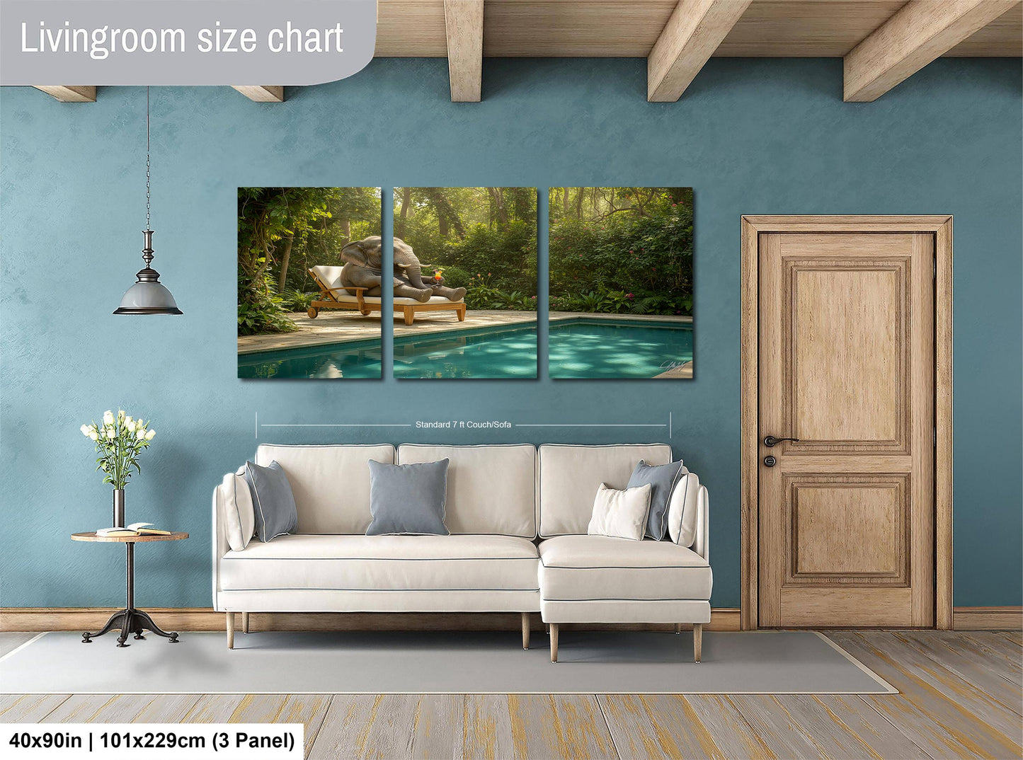 The image is a living room with a large, three-panel wall art depicting a serene outdoor scene with a pool and a wooden deck. The wall art is mounted above a white sofa, and there is a wooden door and a small table with a vase of flowers in the room.